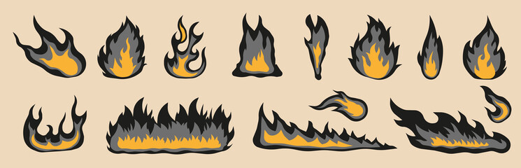 Fire flame. Black, light and orange color. Set of vector icons.