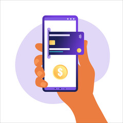 Online mobile payment concept. Mobile phone with credit card icon on the touch screen. Data protection concept. Can use for web banner, infographics. 