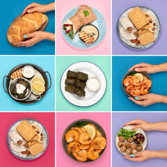 Greek food assortment on color background. Traditional food.