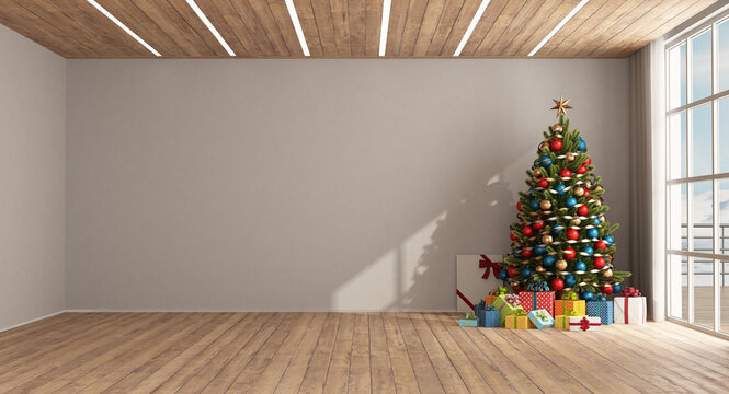 Empty room with Christmas tree and wooden ceiling with led light