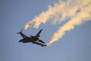 f 16 fighter jet in Turkish Air Force aerobatic demonstration team which called Turkish Stars are flying on the sky for 9 September- Izmir Independence Day