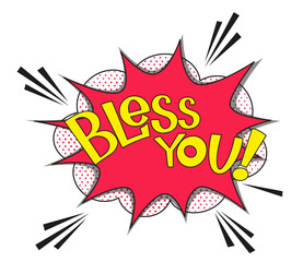 Comic lettering bless you. Vector bright cartoon illustration in retro pop art style. Comic text sound effects. EPS 10.