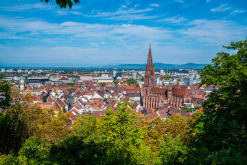 Germany, Freiburg im breisgau city skyline of historical old town and muenster church building from...