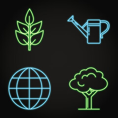 Ecology and nature care neon icon set