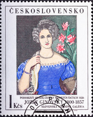 CZECHOSLOVAKIA - CIRCA 1985: a stamp printed in the Czechoslovakia shows Young Woman in a Blue basgown,by Jozef Ginovsky 1800-1857 . - obrazy, fototapety, plakaty
