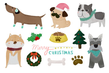 Merry Christmas and Happy New Year illustration. Watercolor illustration of dogs. Cute dogs with merry christmas celebration. 