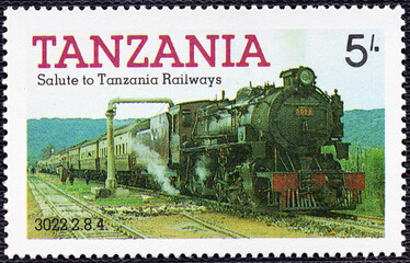 TANZANIA - CIRCA 1991: A stamp printed by Tanzania shows an old locomotive produced in United Kingdom 1972.