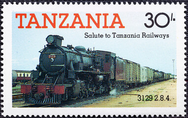 TANZANIA - CIRCA 1991: A stamp printed by Tanzania shows an old locomotive produced in United Kingdom 1972.