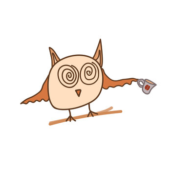 Cartoon owl holding a cup of coffee.
