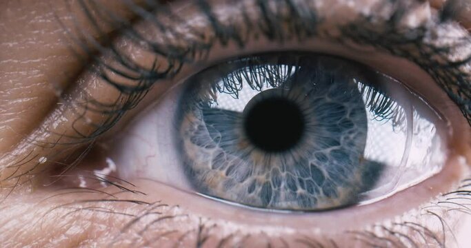 Blue Eye of girl looking at Camera Close Up. Macro Shot front view Opening and Closing Blue Eyes Little Girl. Close Up Motion of famele Eyes. Human eye iris opening pupil.
