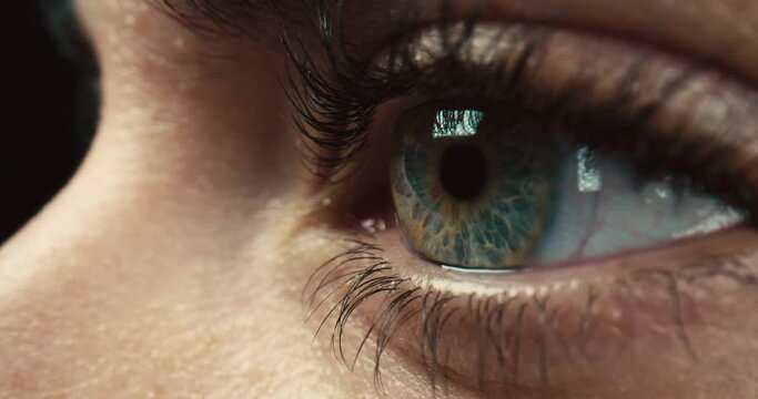 Blue Eye of girl looking Close Up. Macro Shot view Opening and Closing Blue Eyes Little Girl. Close Up Motion of famele Eyes. Human eye iris opening pupil.
