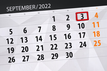 Obraz premium Calendar planner for the month september 2022, deadline day, 3, saturday