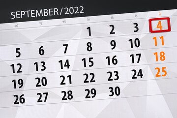Obraz premium Calendar planner for the month september 2022, deadline day, 4, sunday