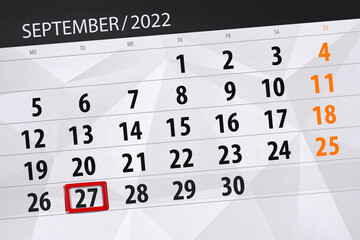 Obraz premium Calendar planner for the month september 2022, deadline day, 27, tuesday