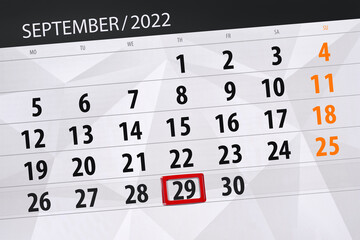 Calendar planner for the month september 2022, deadline day, 29, thursday