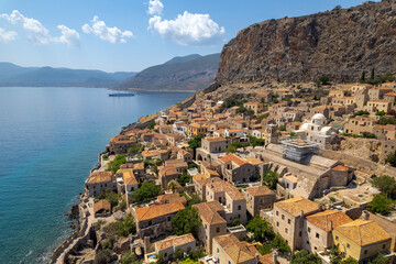 Aerial view of the medieval  castle of Monemvasia, Lakonia, Peloponnese, Greece