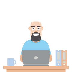 Man Using Laptop For Work From Home Wear T-Shirt