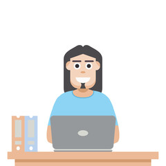 Man Using Laptop For Work From Home Wear T-Shirt