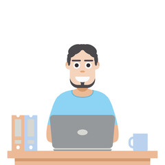 Man Using Laptop For Work From Home Wear T-Shirt