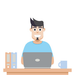 Man Using Laptop For Work From Home Wear T-Shirt