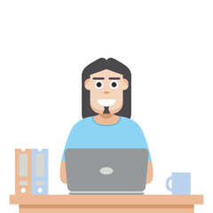 Man Using Laptop For Work From Home Wear T-Shirt