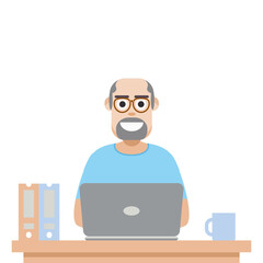 Man Using Laptop For Work From Home Wear T-Shirt