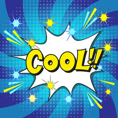 Comic lettering cool with red lips and an open mouth. Vector bright cartoon illustration in retro pop art style. Comic text sound effects. EPS 10.