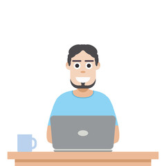 Man Using Laptop For Work From Home Wear T-Shirt