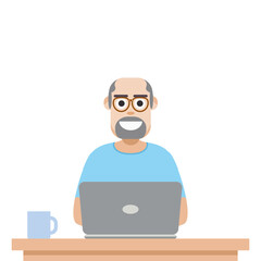 Man Using Laptop For Work From Home Wear T-Shirt