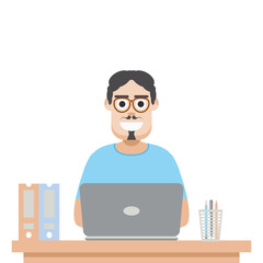 Man Using Laptop For Work From Home Wear T-Shirt