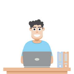 Man Using Laptop For Work From Home Wear T-Shirt