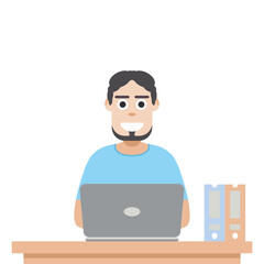 Man Using Laptop For Work From Home Wear T-Shirt