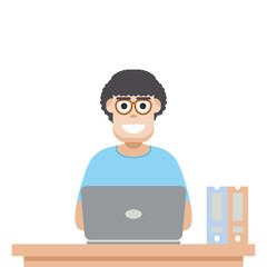 Man Using Laptop For Work From Home Wear T-Shirt