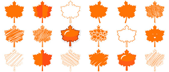 Set of maple leaves, orange, vector, isolated elements