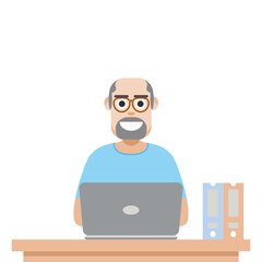 Man Using Laptop For Work From Home Wear T-Shirt