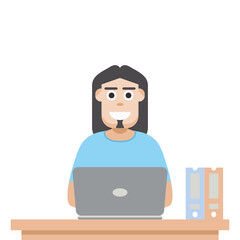 Man Using Laptop For Work From Home Wear T-Shirt