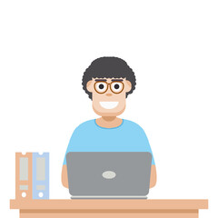 Man Using Laptop For Work From Home Wear T-Shirt