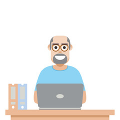 Man Using Laptop For Work From Home Wear T-Shirt