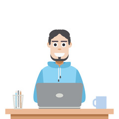 Man Using Laptop For Work From Home Wear Hoodie
