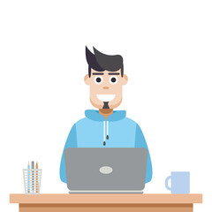 Man Using Laptop For Work From Home Wear Hoodie