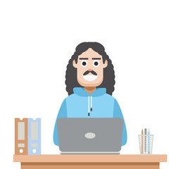 Man Using Laptop For Work From Home Wear Hoodie