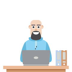 Man Using Laptop For Work From Home Wear Hoodie