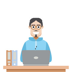 Man Using Laptop For Work From Home Wear Hoodie