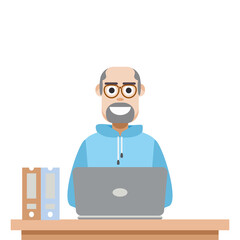 Man Using Laptop For Work From Home Wear Hoodie