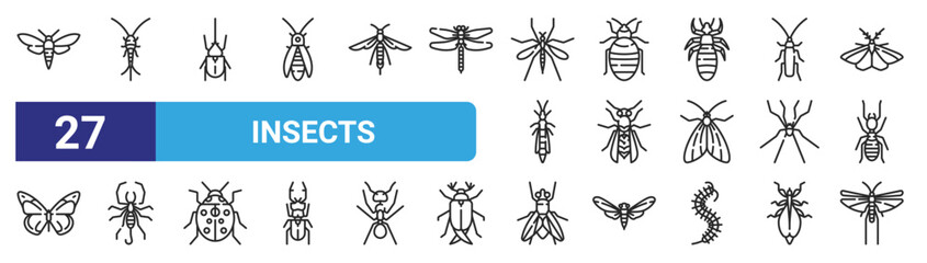 Fototapeta na wymiar set of 27 outline web insects icons such as bug, silverfish, beetle, bedbug, wasp, scorpion, fly, locust vector thin icons for web design, mobile app.