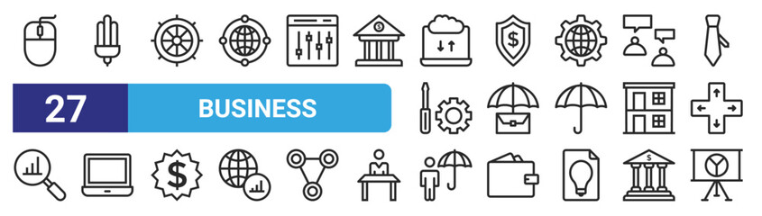 set of 27 outline web business icons such as mouse, light bulb, helm, shield, briefcase, laptop, worker, presentation vector thin icons for web design, mobile app.