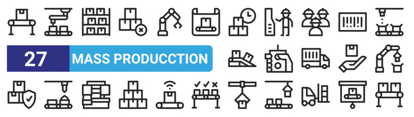 set of 27 outline web mass producction icons such as conveyor, conveyor, package, engineer, remote control, conveyor, package, vector thin icons for web design, mobile app.