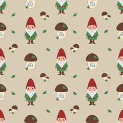 Seamless pattern happy gnome with mushroom house and leaves on beige background. Dwarf in a red hat and green clothes. Children vector illustration for fabric, textile, wallpaper