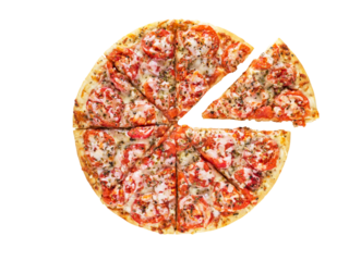 Pizza Margherita or Margarita with mozzarella cheese,tomatoes and basil on the thin dough top view. Sliced pizza with one separated piece isolated transparent png.