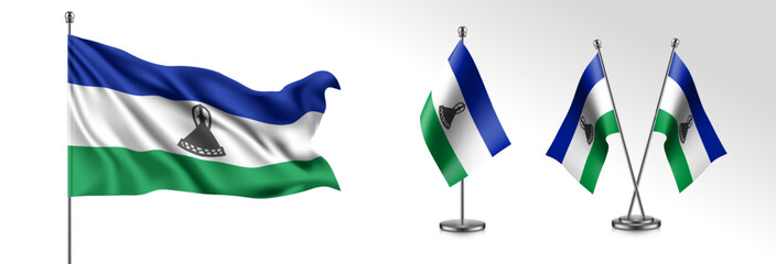 Set of Lesotho waving flag on isolated background vector illustration - obrazy, fototapety, plakaty
